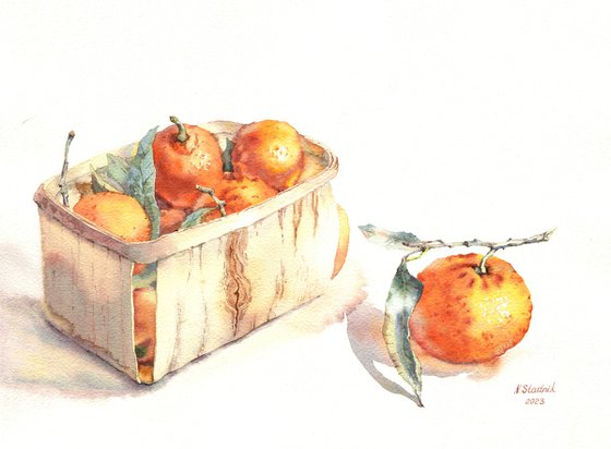 Ukrainian watercolour. Tangerines in a basket