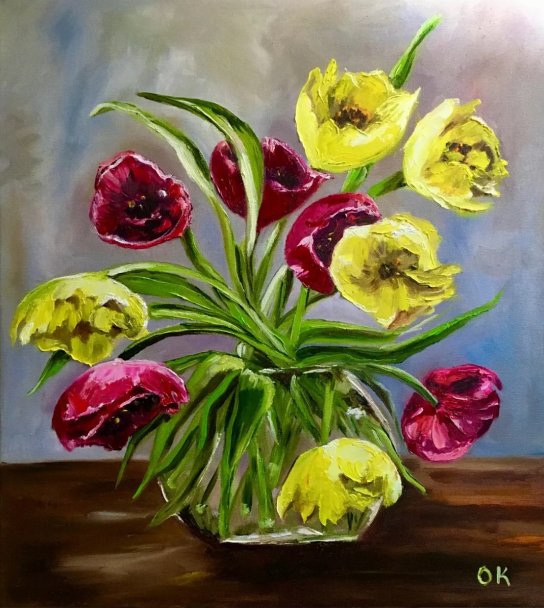 Impressionistic Botanical Oil Painting By Olga Koval, 18 X 20", Bouquet Of Tulips, Original Artwork