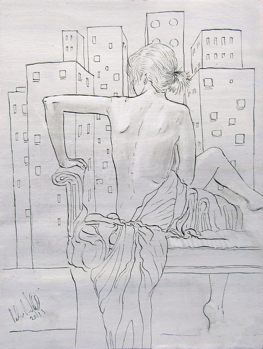 Illustrative Portrait Ink Drawing By Paolo Beneforti, 7 X 9", Girl And City, Original Artwork