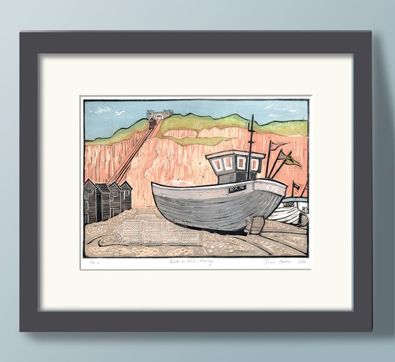 Boats at Rock-a-Nore, (Blue Boat). Limited Edition large linocut