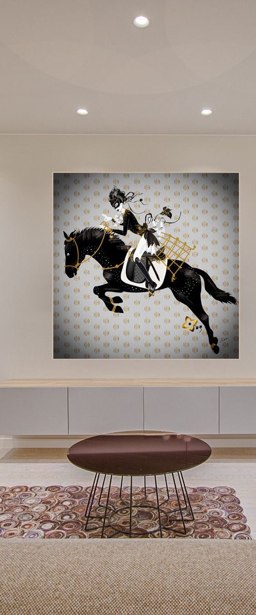Miss Black Knight - Horse - Dressage - Burlesque Star - Equestrian - Art Deco - XL Large Painting by Artemisia