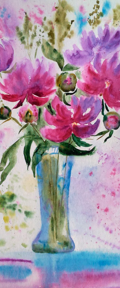 Peony original watercolor painting by Halyna Kirichenko