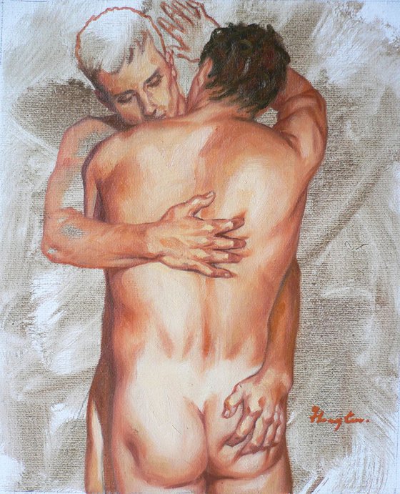 Original art Oil paintingl art male nude gay men  on linen  #16-5-1-04