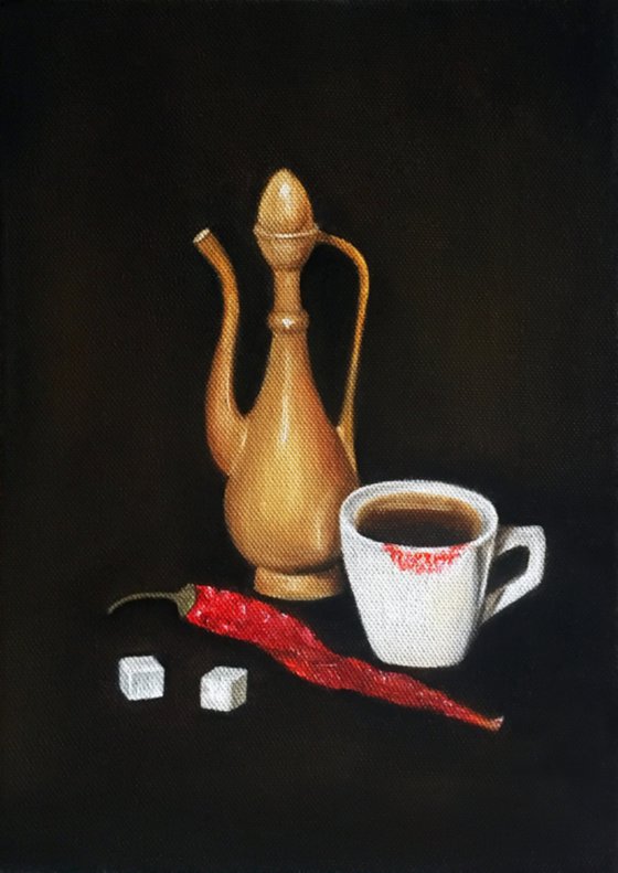 COFFEEMANIAC - CLASSICAL OIL PAINTING ON CANVAS, STILL LIFE WITH COFFEE CUP, SUGAR AND RED CHILLI PEPPER