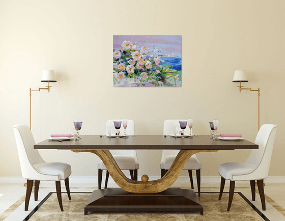 Enchanted by the light. Roses garden in Montenegro. Original plain air oil painting