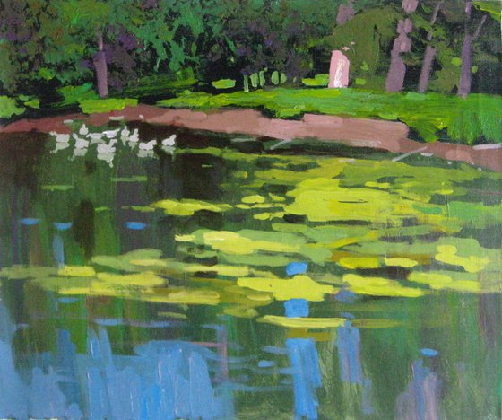 Geese on the pond, 50x60cm, ready to hang!