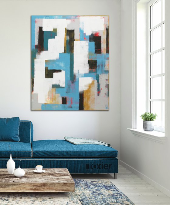 Vertical Abstract Painting: Untitled in Blue & Grey - 90x110 cm - Ronald Hunter - 2O