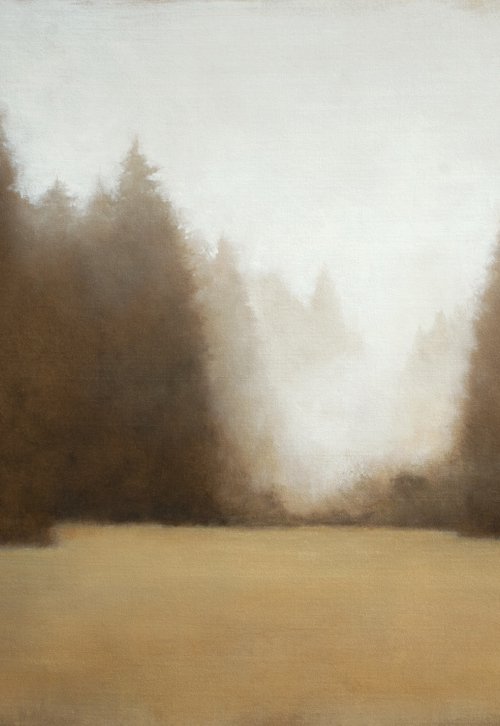 Misty Tree Line 210708, evergreen trees tonal landscape by Don Bishop
