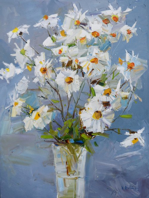 Beautiful Delicate Flowers Chrysanthemum Blue Art Canvas by Yehor Dulin