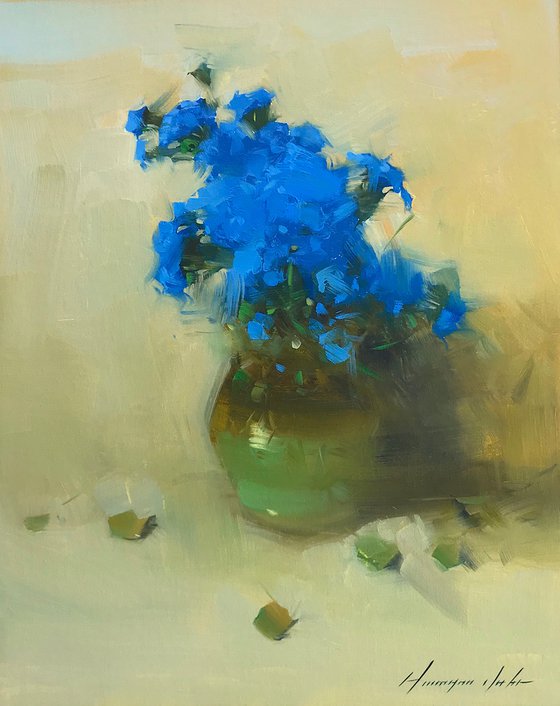 Vase of Blue Flowers, Oil painting, One of a kind, Handmade artwork