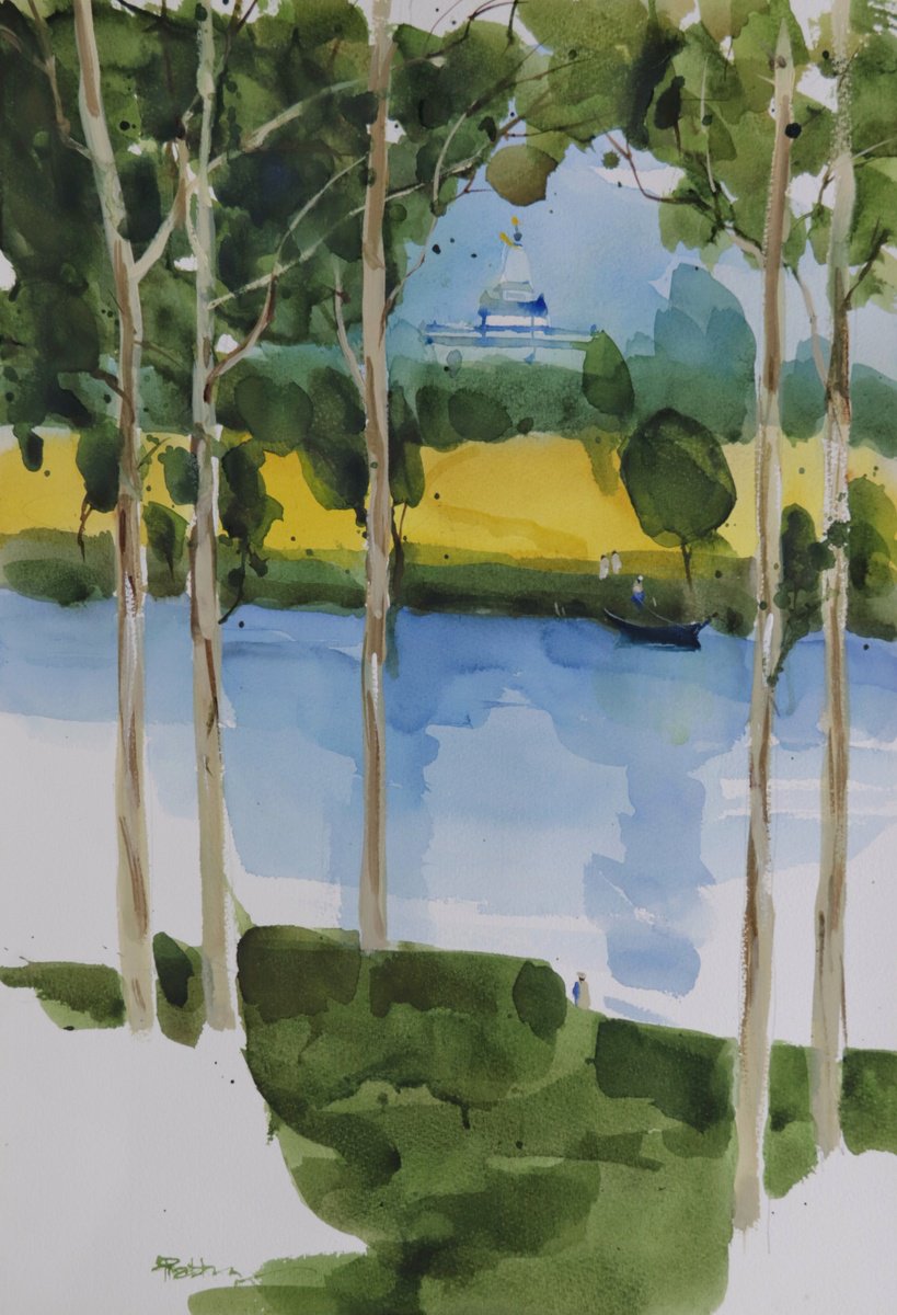 Impressionistic Landscape Watercolour By Prashant Prabhu, 14 X 20", Yellow Green Composition 1, Original Artwork