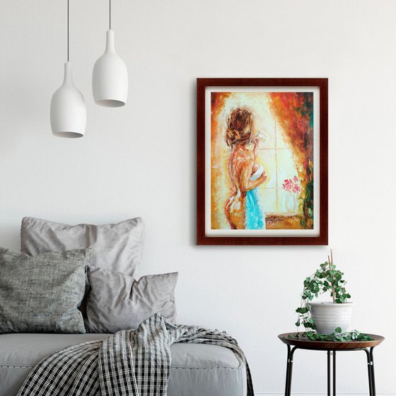 Sunny morning , Erotic Painting Original Art Female Nude Artwork Window Wall Art 40x50 cm, ready to hang.