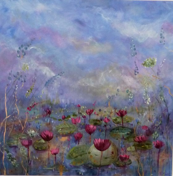 The sacred blooms 70 x70 cm. Impressionist landscape with water lilies