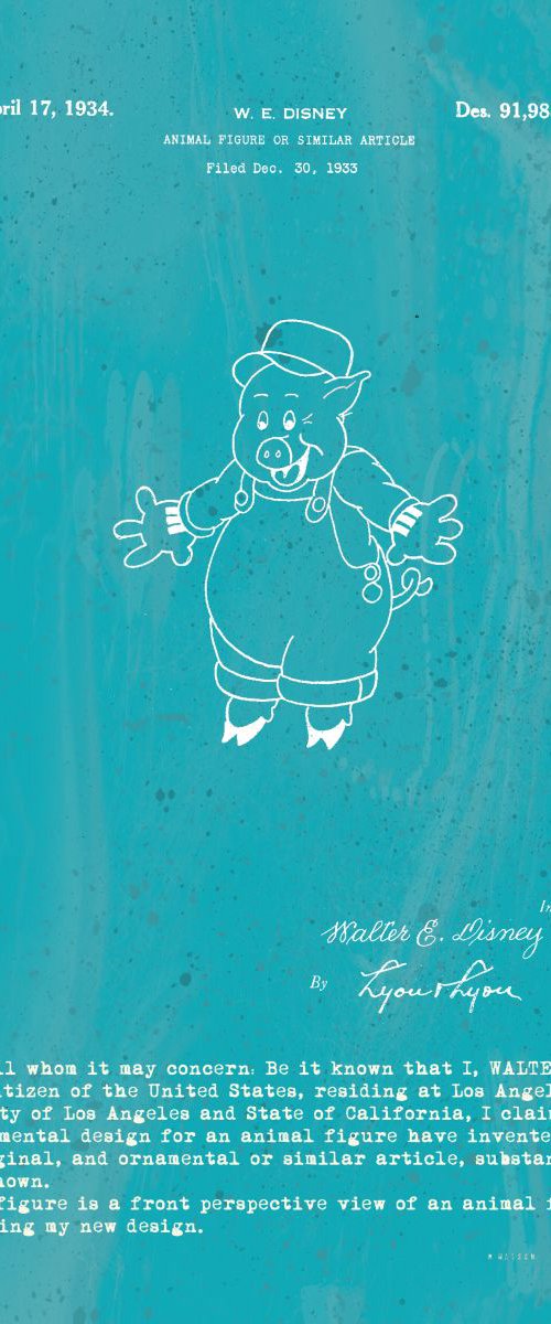 Disney Character Patent - Pig 2 - Turquoise - Circa 1934 by Marlene Watson