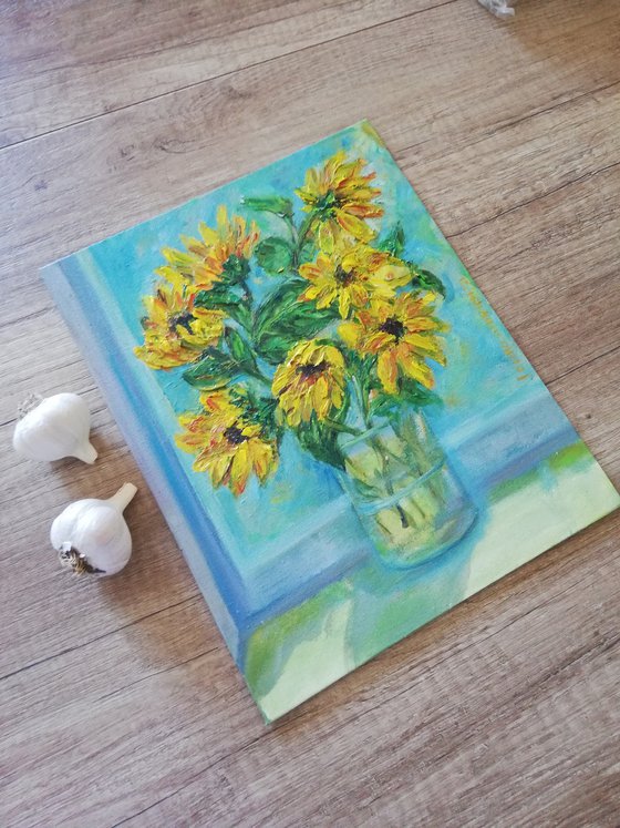 "Sunflowers in the Window" Original Oil Painting 10x12" (24x30cm)