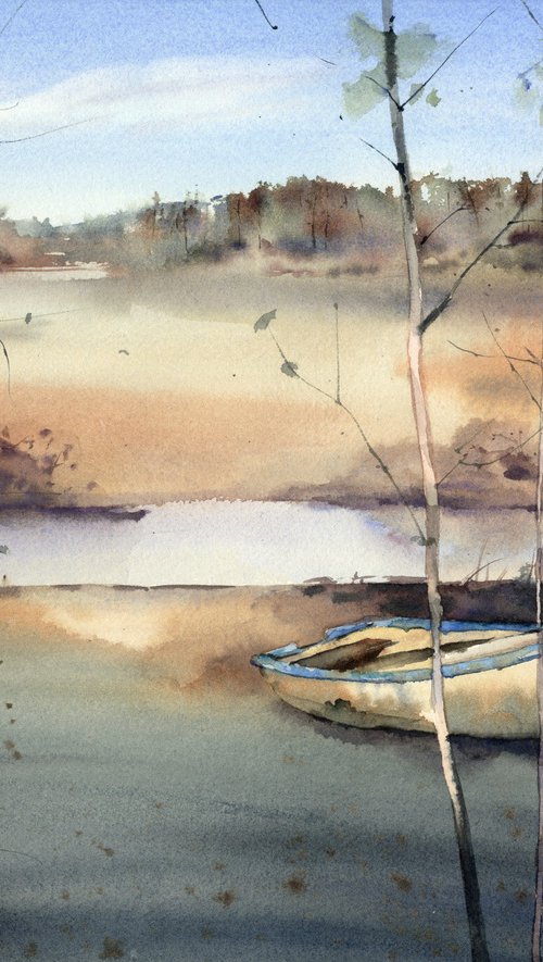 Autumn river in watercolor, fishing boat in the forest by Yulia Evsyukova