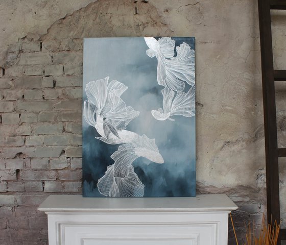 "Immensity 2" Blue silver fish abstract art