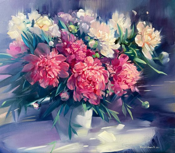 Peonies in a White Vase