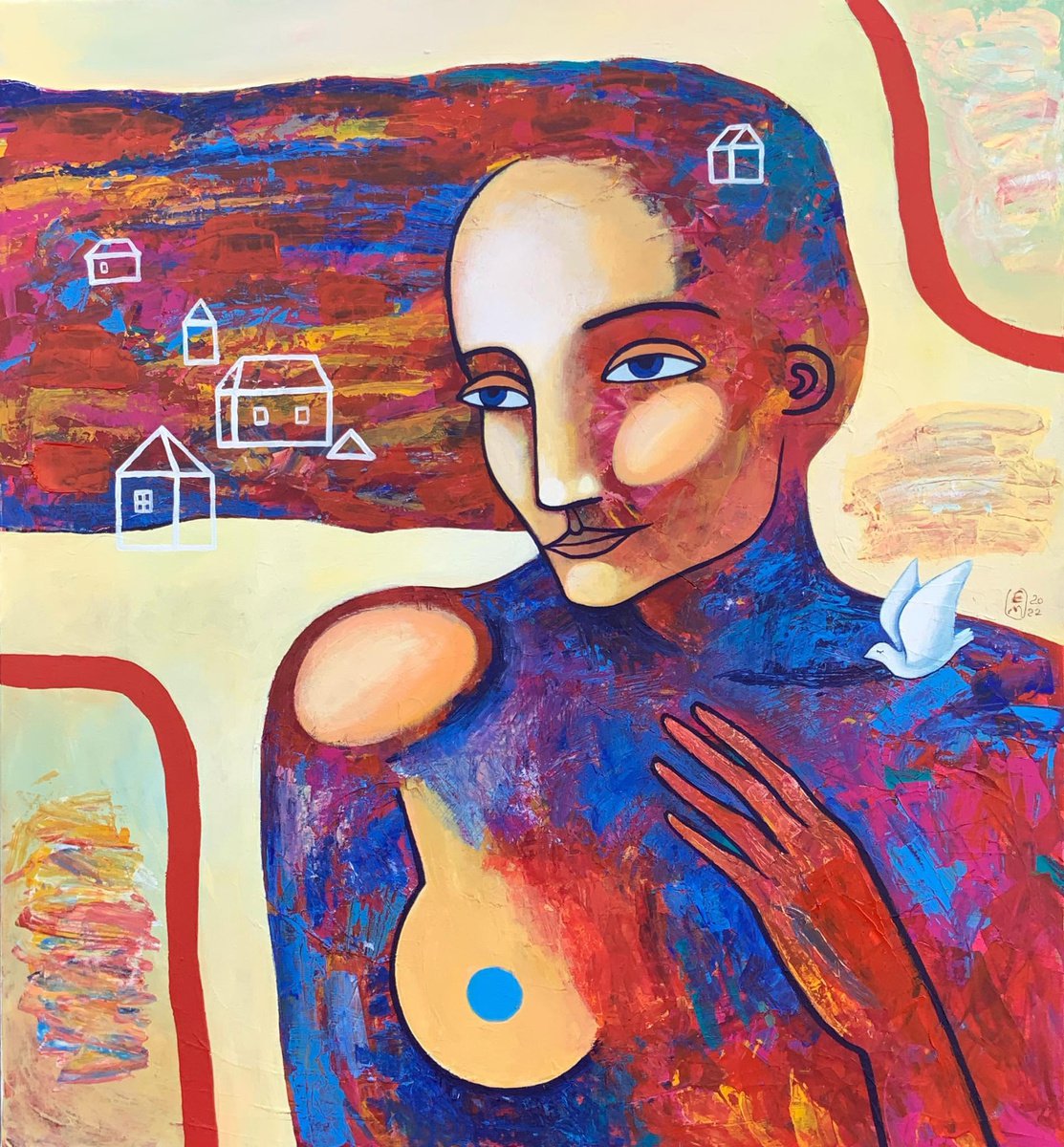 Expressive Portrait Acrylic Painting By Elena Tomilova, 35 X 39, In Between, Original Artwork