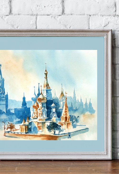 Architectural landscape "Red Square Ensemble in Moscow" original watercolor painting by Ksenia Selianko