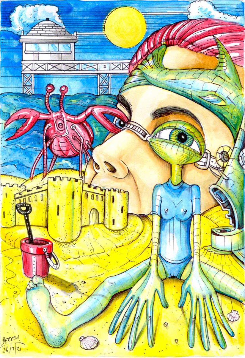 Surrealistic Portrait Drawing By Spencer John Derry, 8 X 12", An Alien Came Down To Greet Me, Original Artwork