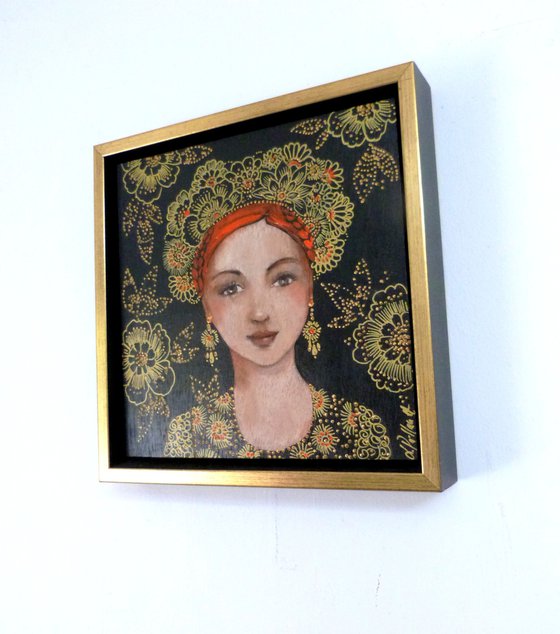 Slavic song. Female redhead icon on wooden panel 20 x 20 cm and frame.