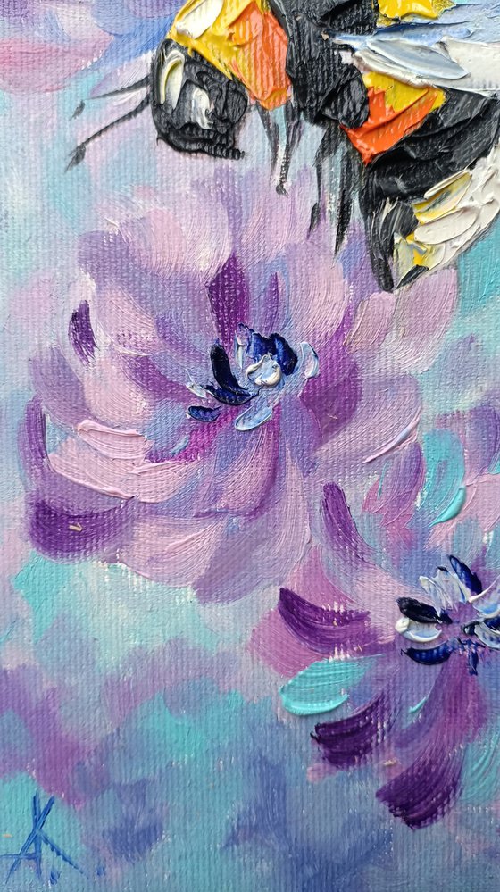 In flight over the beautiful - bumblebee insects, oil painting, canvas, flowers, bumblebee, bumblebee oil, painting, gift, gift idea, insects