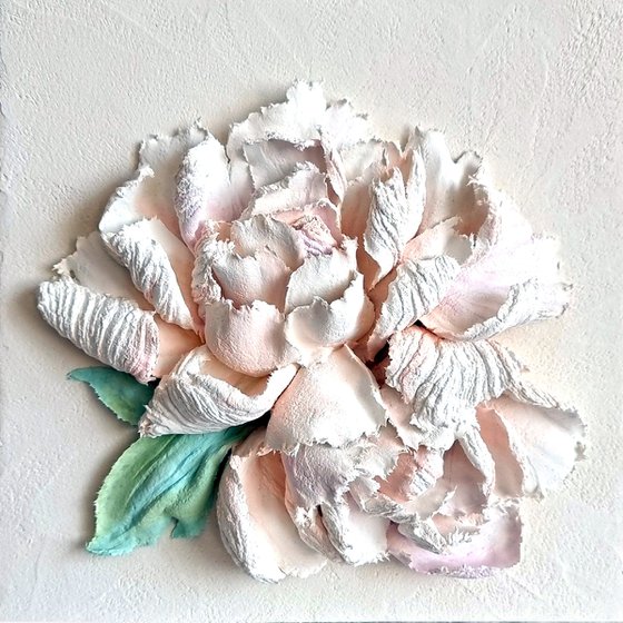 Peony flower panel. Small ceramic sculpture 3d flower with white petals. Tender peony botanical bas- relief. White Peony 3 - 3d painting
