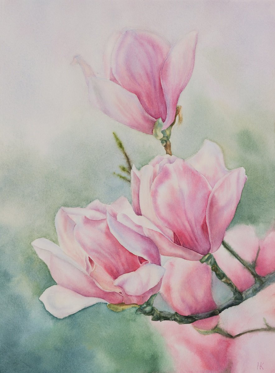 Impressionistic Botanical Watercolour By Kateryna Nazarenko, 11 X 15", Pink Magnolias, Original Artwork