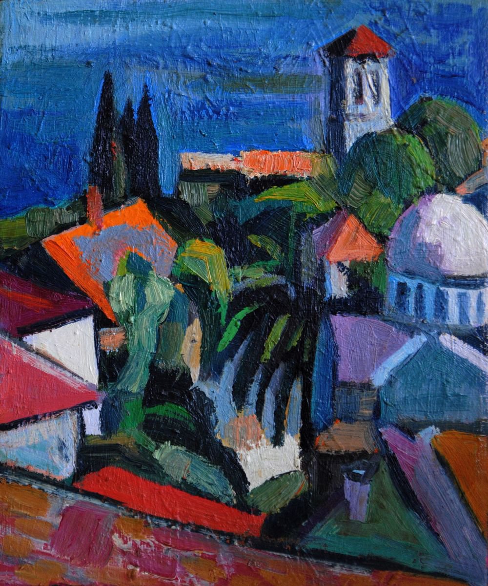 Expressive Cityscapes Oil Painting By Maja ?okic Mihajlovic, 10 X 12", Seascape Ii, Original Artwork