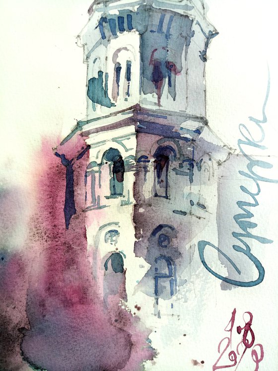 "Tower in the evening twilight. Kiev, Ukraine" architectural landscape - Original watercolor painting