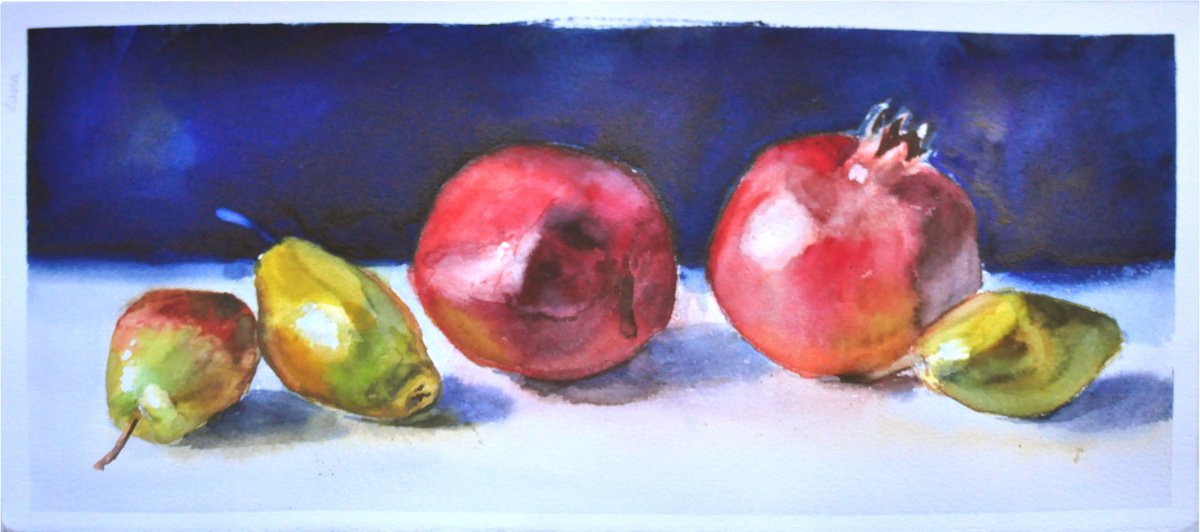 Grenades and pears | Watercolor painting by Nataliia Nosyk