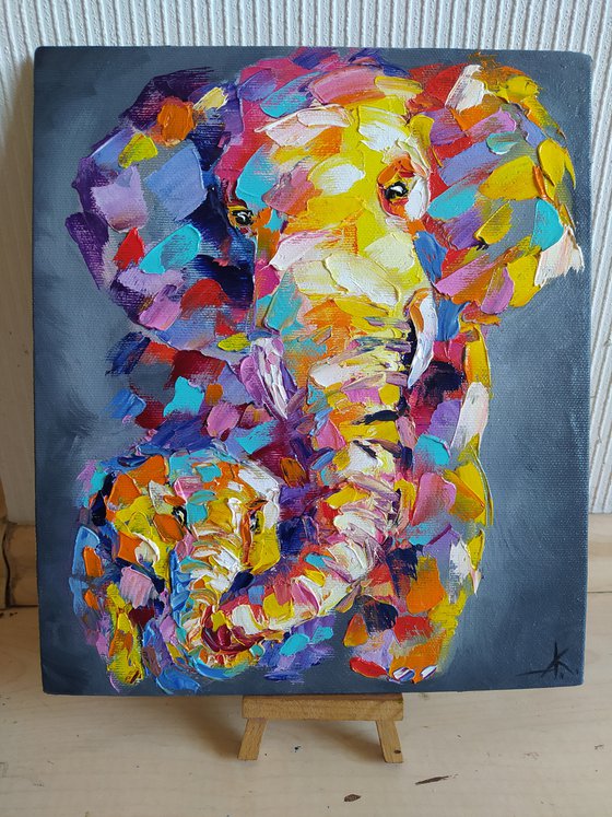 Motherly love - elephants, mother, elephant, mother's love, Africa, love, animals, gift for mother, oil painting, Impressionism, palette knife, gift.