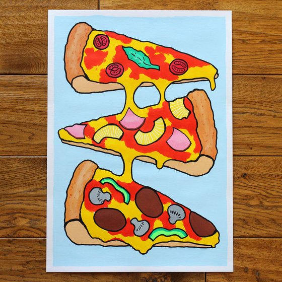 Three Slice Pizza Pop Art Painting On A3 Paper (Unframed)