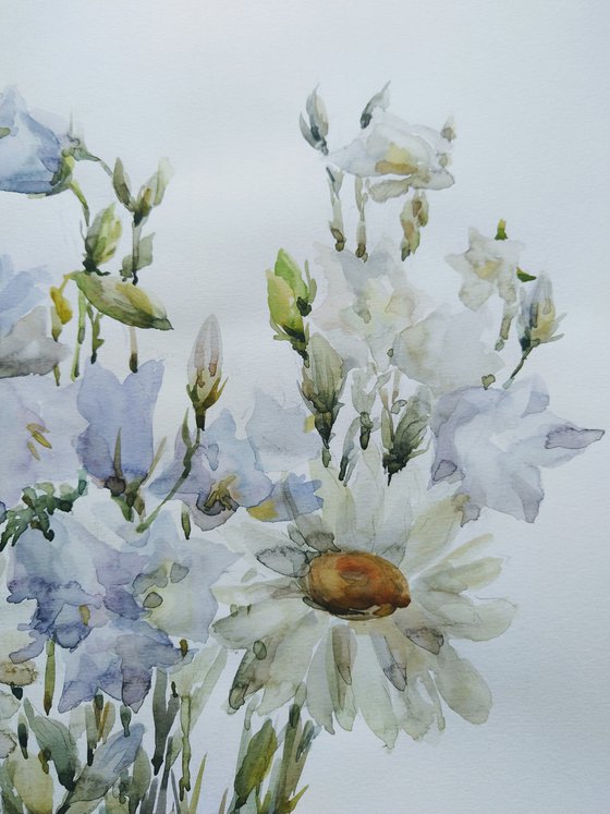 Bouquet with daisies and bluebells.  Original watercolour painting.