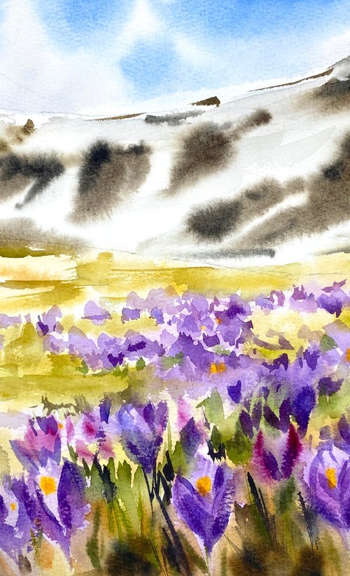 "Mountain Spring Symphony original watercolor painting with flowers and snow, early spring art, purple flowers in the field by Irina Povaliaeva