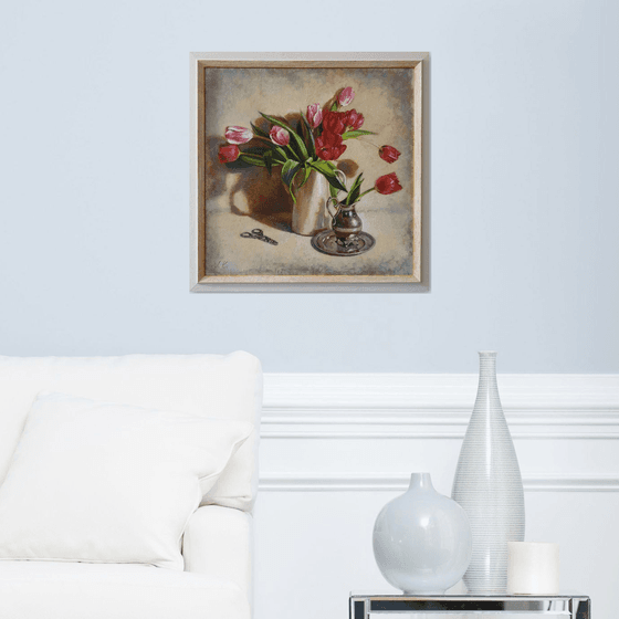 "Spring tulips" still life  metal silver tulip liGHt original painting  GIFT (2019)