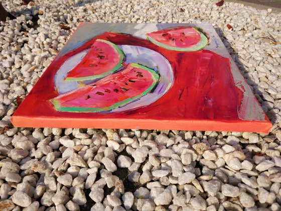 Watermelon . Summer Still Life . Original Oil Painting