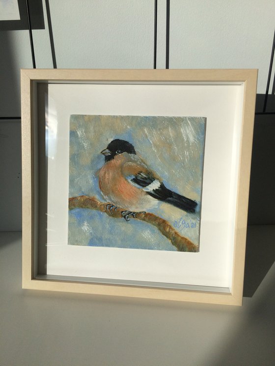 Bird framed oil painting - Bullfinch female small canvas - Gift idea for bird lover (2021)