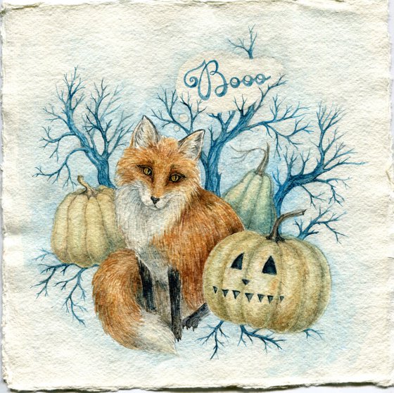 Halloween watercolor illustration with fox and pumpkins