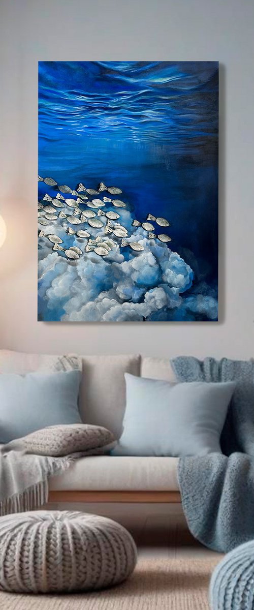 Surreal Ocean Painting with Vintage Lace Fish by Julia Shilo