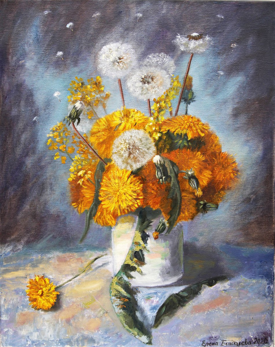 Dandelions-summer wildflowers, fluffy miracle, dandelion bouquet, summer mood. by Elena Bondareva