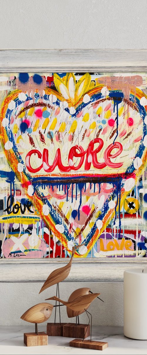 White Cuore, with vintage frame (75x66 cm) ready to hang by Mercedes Lagunas