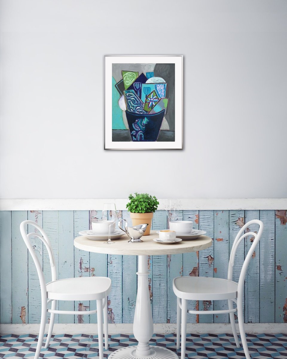 Geometric Botanical Oil Painting By Roberto Munguia Garcia, 14 X 17", Blue Touch Flowers, Original Artwork