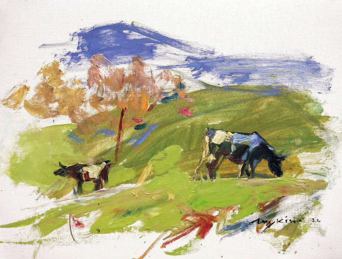 Impressionistic Landscape Oil Painting By Helen Shukina, 13 X 10, Cows And Sunny Meadows, Original Artwork