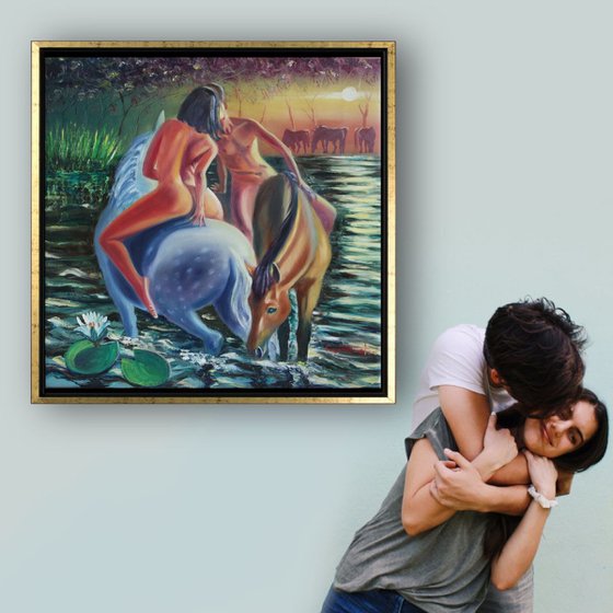 NUDE COUPLE RIDING ON HORSES IN A POND UNDER MOON LIGHT Impressionist Oil Painting