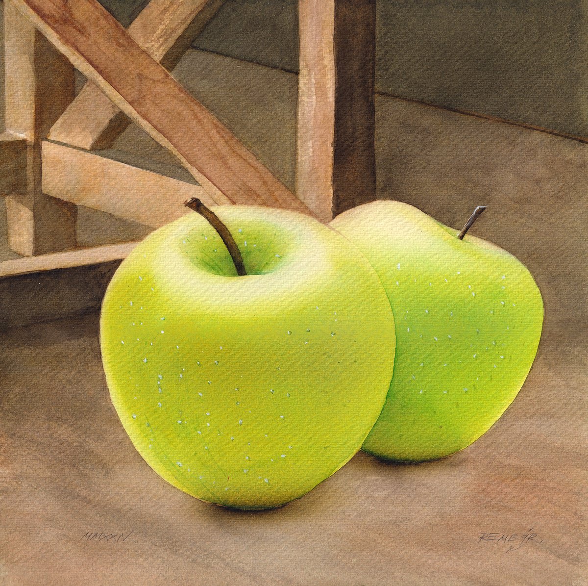 Photorealistic Still Life Watercolour By Reme Jr., 10 X 10", Green Apple, Original Artwork