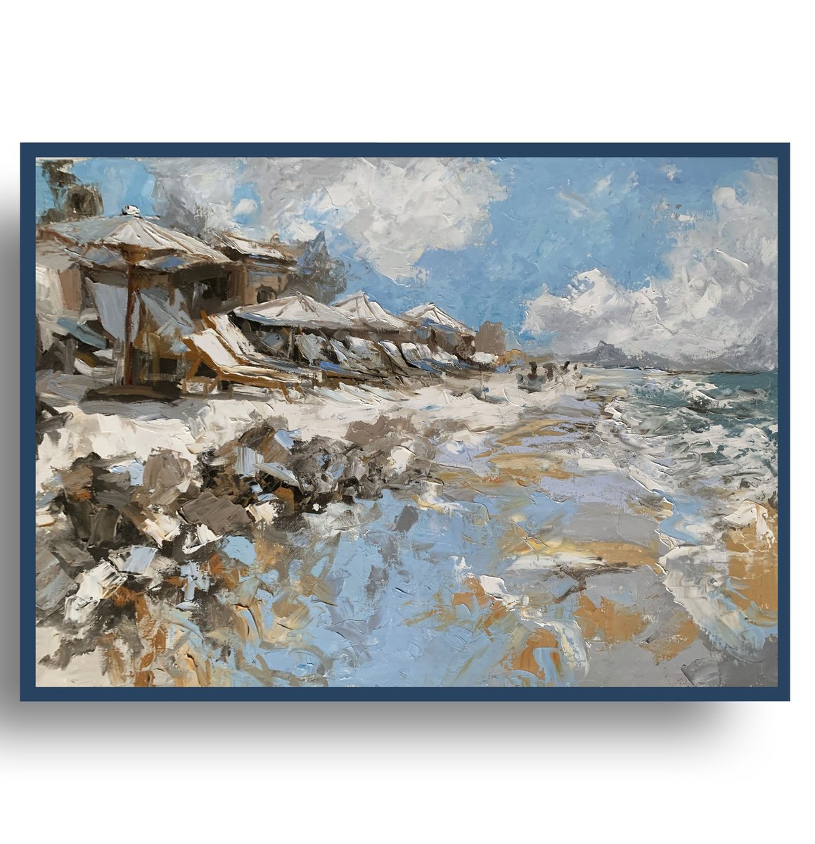 Expressive Landscape Oil Painting By Vita Schagen, 28 X 20", Grey Beach Day. Parasols.#2, Original Artwork