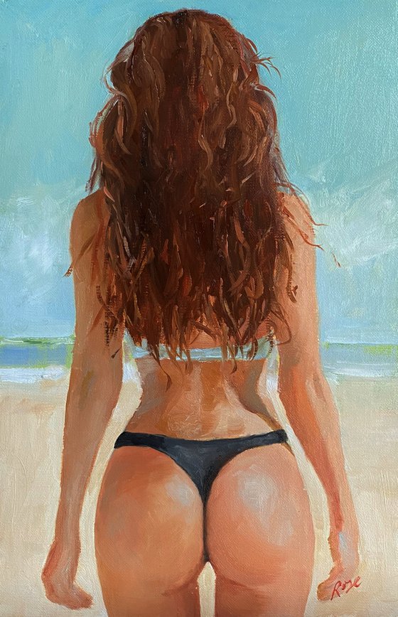 Bikini Beach Woman Original Oil Painting.