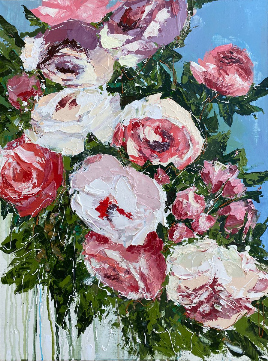 More roses original painting on canvas floral by Oksana Petrova